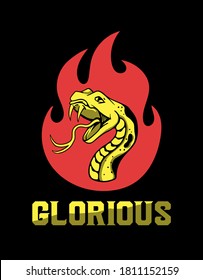 Glorious slogan print design with snake and fire illustration hand drawn