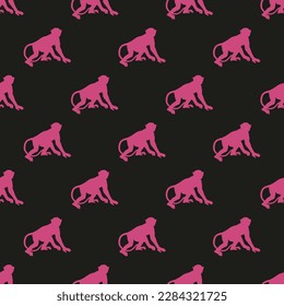 Glorious square tile with an amusing animal picture. Seamless pattern with monkey on fuchsia rose background. Design for a placemat with an animal picture.