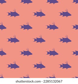 Glorious square tile with an amusing animal picture. Seamless pattern with fish hog snapper shape on ruddy pink background. Design for comic books featuring animals.