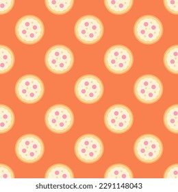 Glorious square tile with an amusing food picture. Seamless pattern with pizza on oxford blue background. Design for a grease-proof wrap for gyros.