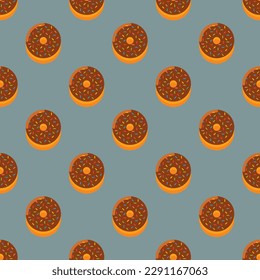 Glorioso mosaico cuadrado con una divertida imagen de la comida. Patrón sin foco con rosquilla sobre fondo gris cadete. Diseño de un mural geométrico.