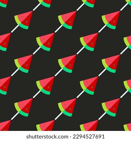 Glorious square tile with an amusing food picture. Seamless pattern with watermelon on sandstorm background. Design for a tear-proof wrap for nuggets.