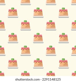 Gloriosas baldosas cuadradas mostrando una alegre foto de comida. Patrón sin brillo con pastel sobre fondo de concha de huevo. Diseño de un envoltorio a prueba de punción para pepitas.