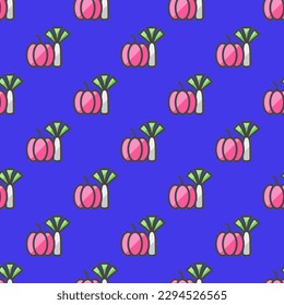 Glorious square tile showcasing a cheerful food picture. Seamless pattern with vegetables on iris background. Design for a flavor-preserving wrap for pizza.