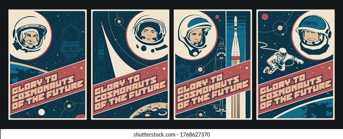 Glory to Cosmonauts of the Future, Old Soviet Space Propaganda Posters Style, Spacecrafts, Spacemen, Space Background