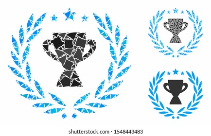 Glory emblem composition of irregular parts in variable sizes and shades, based on glory emblem icon. Vector humpy parts are organized into collage. Glory emblem icons collage with dotted pattern.