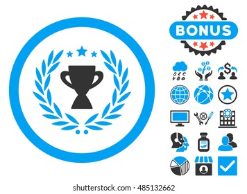 Glory icon with bonus images. Vector illustration style is flat iconic bicolor symbols, blue and gray colors, white background.