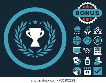 Glory icon with bonus images. Vector illustration style is flat iconic bicolor symbols, blue and white colors, dark blue background.