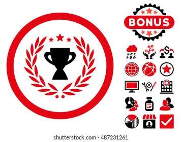 Glory icon with bonus images. Vector illustration style is flat iconic bicolor symbols, intensive red and black colors, white background.