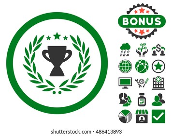 Glory icon with bonus pictogram. Vector illustration style is flat iconic bicolor symbols, green and gray colors, white background.
