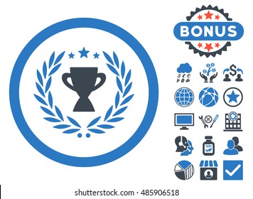 Glory icon with bonus symbols. Vector illustration style is flat iconic bicolor symbols, smooth blue colors, white background.