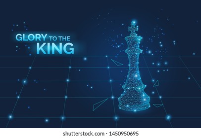 glory to the king sign and low poly chess king on chess board, business strategy and leadership symbol dark vector illustration