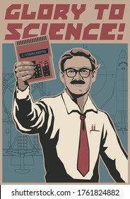 Glory to Science, Education Propaganda Posters Stylization, Retro Calculator, Programmer