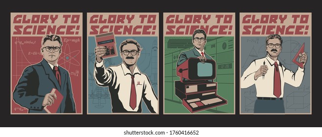 Glory to Science Posters, Retro Science Propaganda Placards Stylization, Physics, Maths, Engineering, Programming