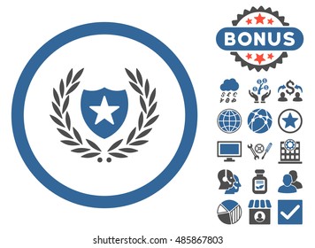Glory Shield icon with bonus design elements. Vector illustration style is flat iconic bicolor symbols, cobalt and gray colors, white background.