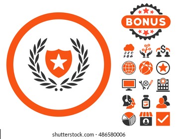 Glory Shield icon with bonus pictures. Vector illustration style is flat iconic bicolor symbols, orange and gray colors, white background.