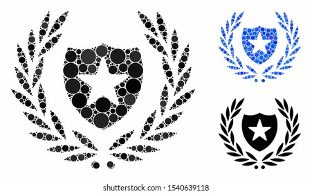 Glory shield mosaic of circle elements in different sizes and color hues, based on glory shield icon. Vector circle elements are united into blue illustration.