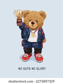 glory slogan with bear doll in sweat jacket holding trophy vector illustration