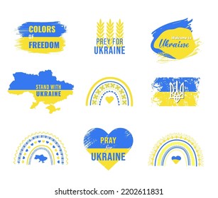 Glory to Ukraine! banner template set. I support Ukraine, Ukrainian flag with Pray for Ukraine concept icons set. Mega set.