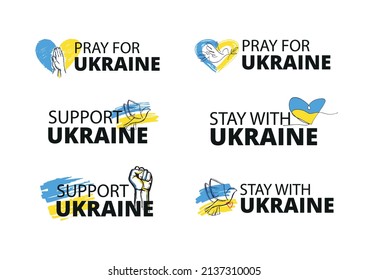 Glory of Ukraine! I Support Ukraine, Ukrainian flag with a Pray for Ukraine concept icon set. Save from Russia stickers for media. Vector illustration