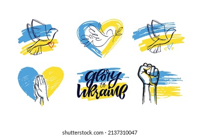 Glory of Ukraine! I Support Ukraine, Ukrainian flag with a Pray for Ukraine concept icon set. Save from Russia stickers for media. Vector illustration