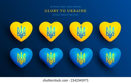 Glory To Ukraine Vector Various Yellow Blue 3D Hearts With Ukrainian State Emblem Trident Set Isolated On Background. Three Dimensional Patriotic Victory Heart Badges With Ukrainian Coat Of Arms