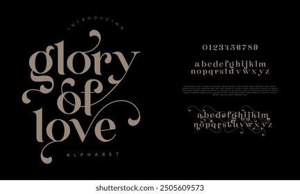 Gloryoflove swash letras elegantes de lujo del alfabeto y números. Antiguas tipografía de boda clásica serif fuente decorativa vintage retro. Ilustración vectorial creativa