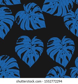 Gloss Monstera Tree Vector Seamless Pattern. Cobalt Popular Jungle Wallpaper Island Design. Jeans Leaves Vintage Backdrop. Pink Palm Tree Texture