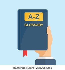 Glossary book in hand icon in flat style. Guidebook encyclopedia vector illustration on isolated background. A-Z notebook sign business concept.