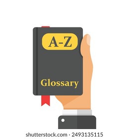 Glossary book in hand icon in flat style. Guidebook encyclopedia vector illustration on isolated background. A-Z notebook sign business concept.