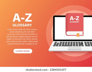 Libro de glosario con icono de portátil en estilo plano. Ilustración vectorial de la enciclopedia guía sobre el fondo aislado. Concepto de negocio de firma de computadora A-Z.