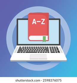 Glossary book with laptop icon in flat style. Guidebook encyclopedia vector illustration on isolated background. A-Z computer sign business concept.