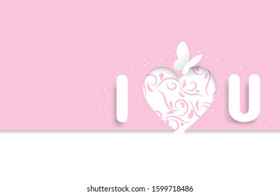 Glossary of I Love You and Butterfly that look like paper-cut, with a pink background with a heart shape and ivy, valentine's day, wedding.