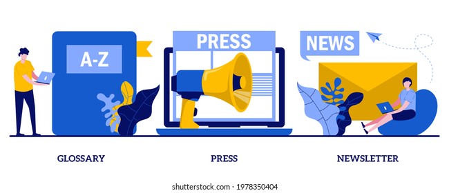 Glossary, Press, Newsletter Concept With Tiny People. Mass Media, Online Daily News Magazine Subscription Abstract Vector Illustration Set. Internet Chatting And Emails Sharing Web Banners Metaphor.