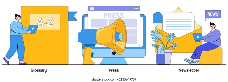 Glossary, Press, Newsletter Concept With Tiny People. Mass Media, Online Daily News Magazine Subscription Abstract Vector Illustration Set. Internet Chatting And Emails Sharing Web Banners Metaphor.