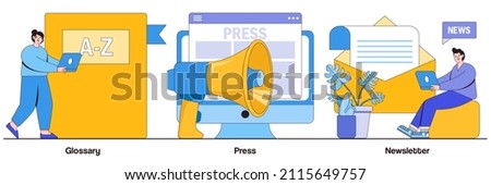 Glossary, press, newsletter concept with tiny people. Mass media, online daily news magazine subscription abstract vector illustration set. Internet chatting and emails sharing web banners metaphor.