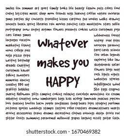 Glossary square illustration. Conceptual text art about happiness. List of words and things that make people happy.