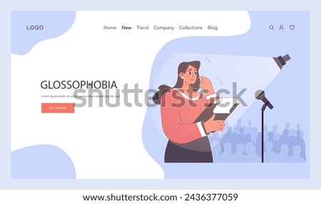 Glossophobia, fear of public speaking web banner or landing page. Human's irrational inner fears and panic. Mental disorder, feeling of threat and danger. Flat vector illustration