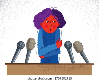 Glossophobia fear of public speech vector illustration, girl surrounded by microphones scared in panic attack, psychology mental health concept.