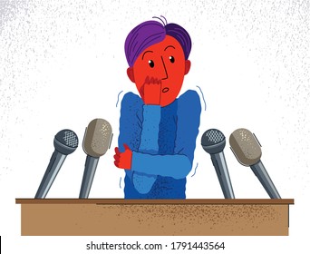 Glossophobia fear of public speech vector illustration, boy surrounded by microphones scared in panic attack, psychology mental health concept.