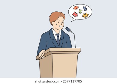 Glossophobia in man speaking in front of audience behind podium, and suffering from confusion in thoughts. Problem of glossophobia causes stress and depression in business conference speaker