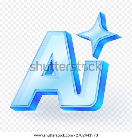 Glossy 3d AI icon in blue with sparkling star, representing artificial intelligence, technology and innovation. Perfect for tech related designs and digital projects. Vector illustration.