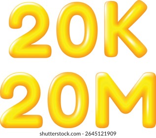 Glossy 3D Balloon Style 20K and 20M Text with Golden Letters isolate on Transparent Background Vectors Illustrations. Ideal for social media milestones, follower celebrations, and digital design.