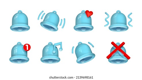 Glossy 3D bell icon. Realistic notification handbell. Ringing doorbell. Social media message reminder. Alert sound. Attention and subscription symbols. Vector app interface signs set
