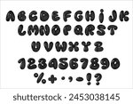 Glossy 3D black bubble font in Y2K style. Complete alphabet and numbers from 0 to 9. Collection Glossy letters in cartoon style. Inflated balloon letters.