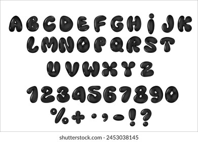 Glänzende 3D-schwarze Bubble-Schriftart im Y2K-Stil. Vollständiges Alphabet und Zahlen von 0 bis 9. Kollektion Hochglanzbuchstaben im Cartoon-Stil. Aufgeblasene Ballonbuchstaben.