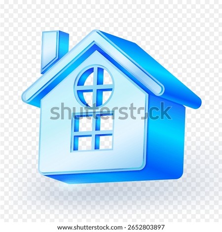 Glossy 3D blue house icon with modern design, featuring windows and roof details. Perfect for real estate, web design, and home related apps. Isolated on transparent background. Vector illustration.
