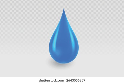 Glossy 3D blue water droplet with realistic highlights, perfect for hydration themes, eco-friendly designs, and refreshing branding projects.