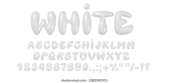 Glossy 3D bubble font vector with white inflatable balloon letters, full alphabet set and numbers in a playful cartoon style, ideal for Y2K typography designs svg