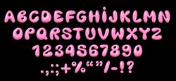 Glossy 3D Bubble Font In Y2K Style: Shiny Plastic Pink English Alphabet Letters And Numbers, Realistic Vector Illustration